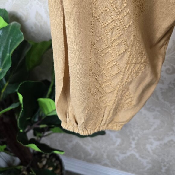 Soft Surroundings Sz Large River Valley Tan Embroidered Tunic Blouse Split Vneck - Picture 4 of 15